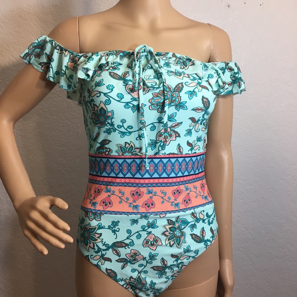 1 Pc. Floral Print Aqua/Peach Swim Suit
